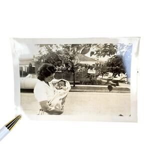 Vtg Mother Posing with Newborn Baby Outside Monochrome Photography Found